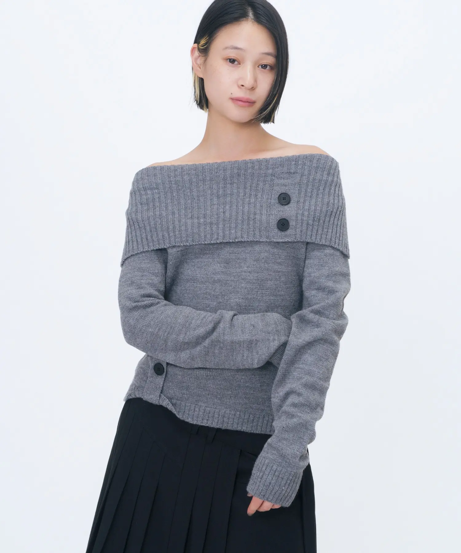 Button Off Shoulder Knit (GREY)