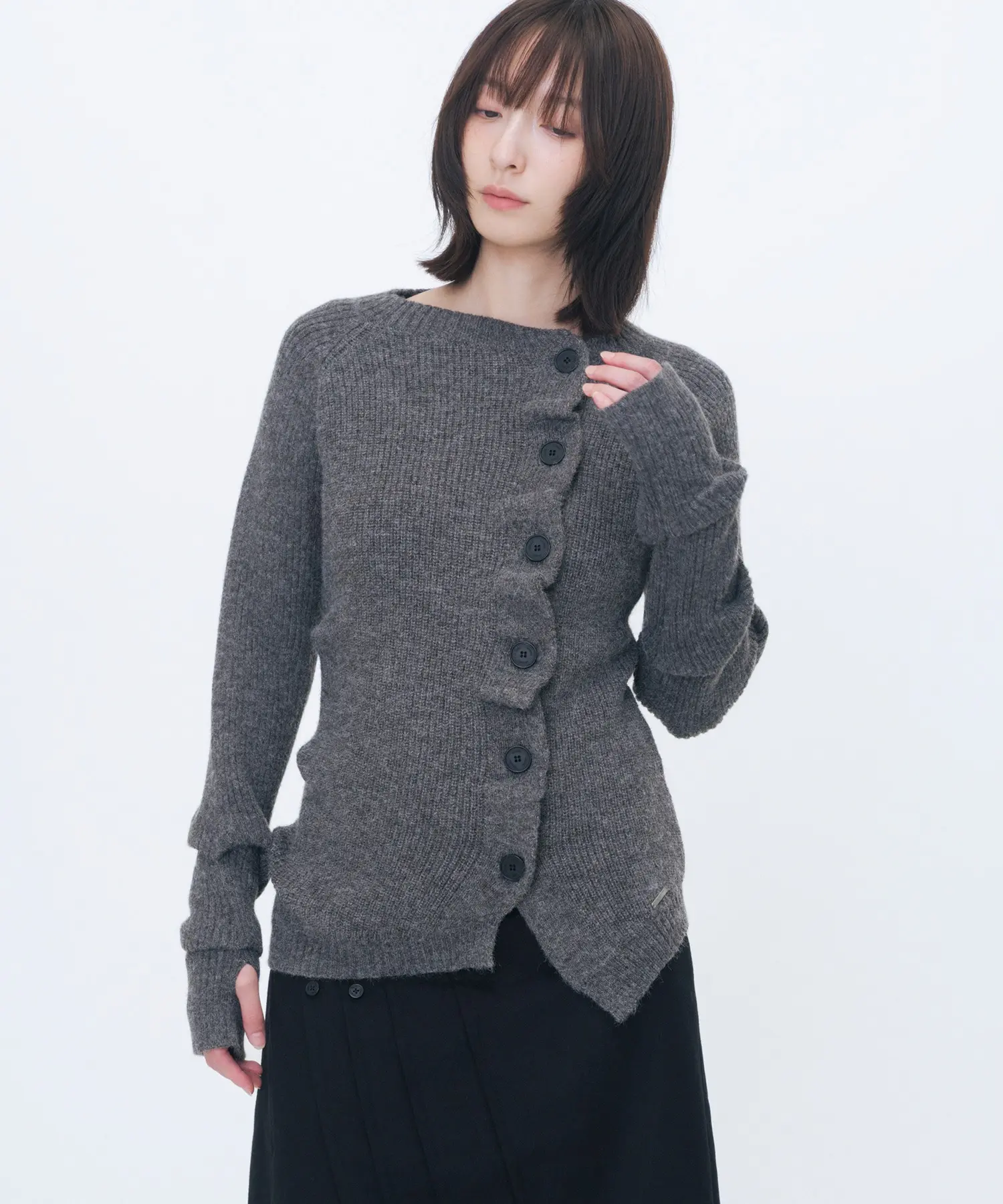 Unbalanced Cowl Button Knit (CHARCOAL)