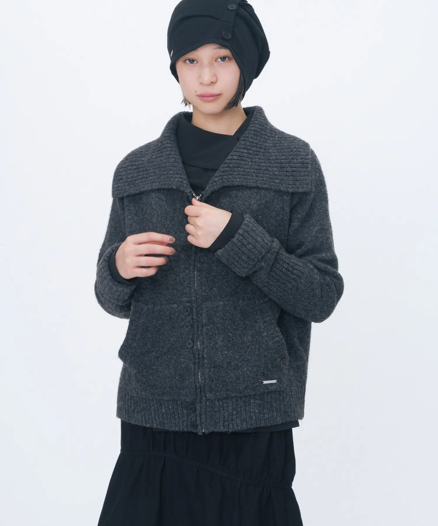 Unbalanced Button Knit Cardigan (CHARCOAL)