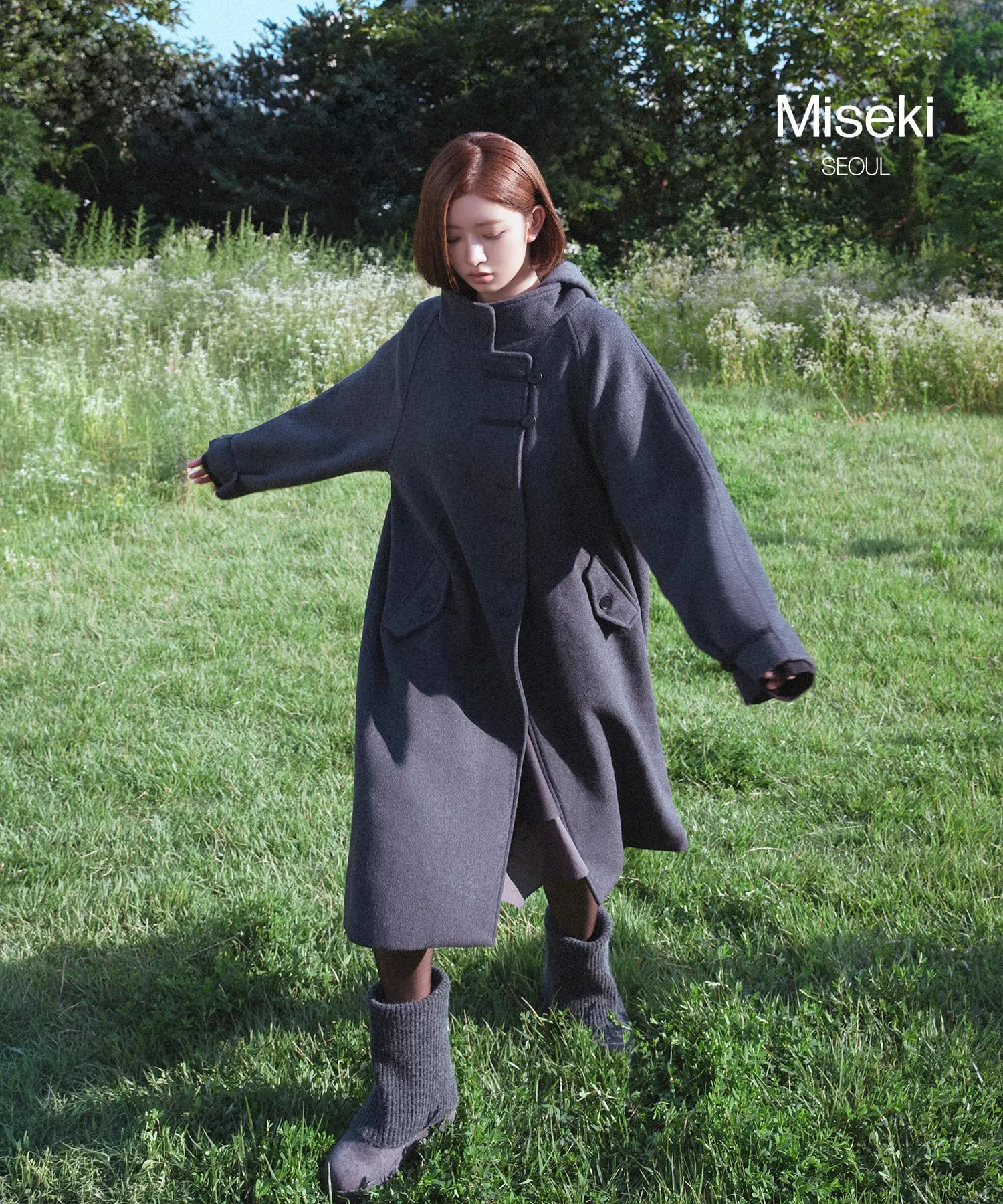 Asymmetric Hoodie Long Duffle Coat (CHARCOAL)