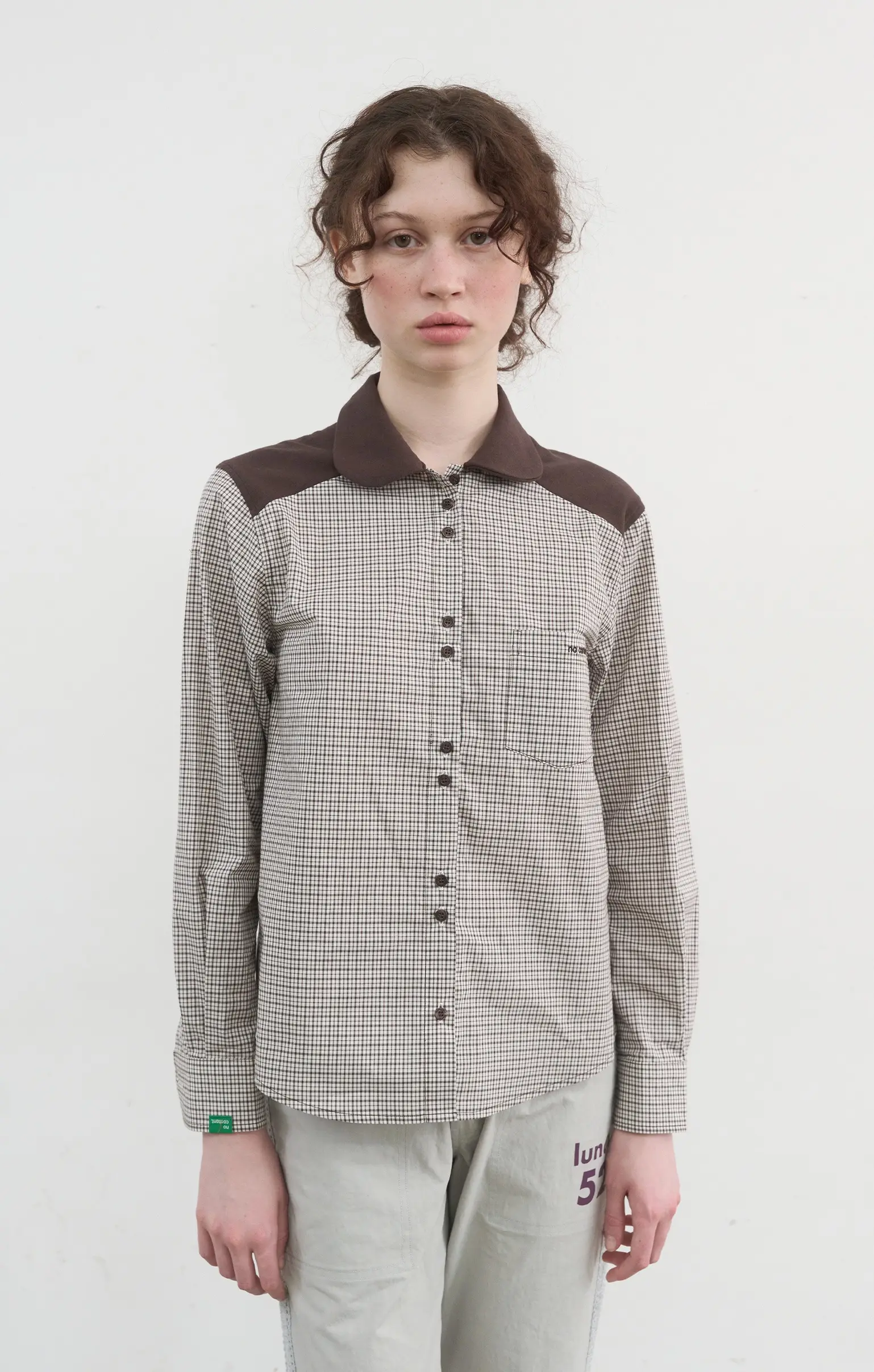 Round Collar Check Shirt (Brown)