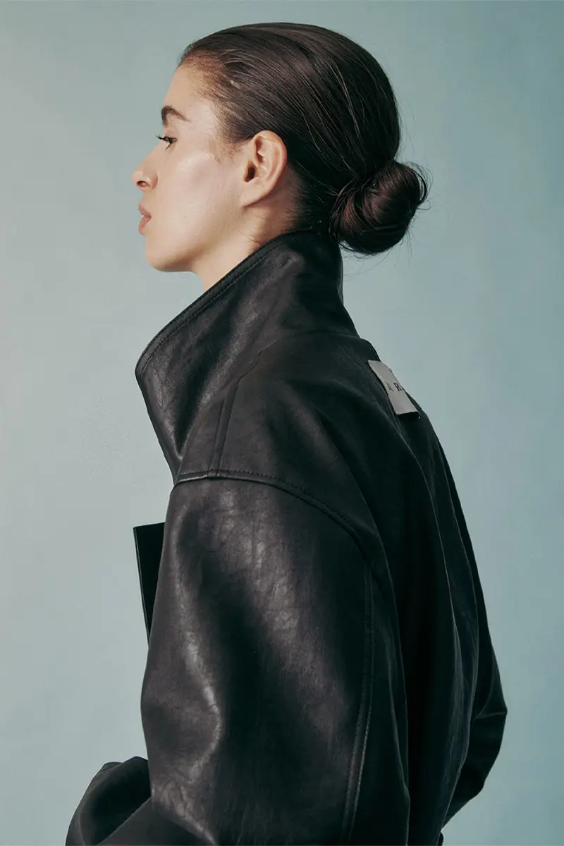 Unisex Funnel Neck Tie Waist Vegan Leather Jacket