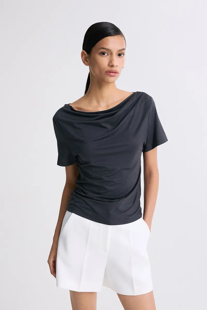 Draped Half-Sleeve Top Charcoal