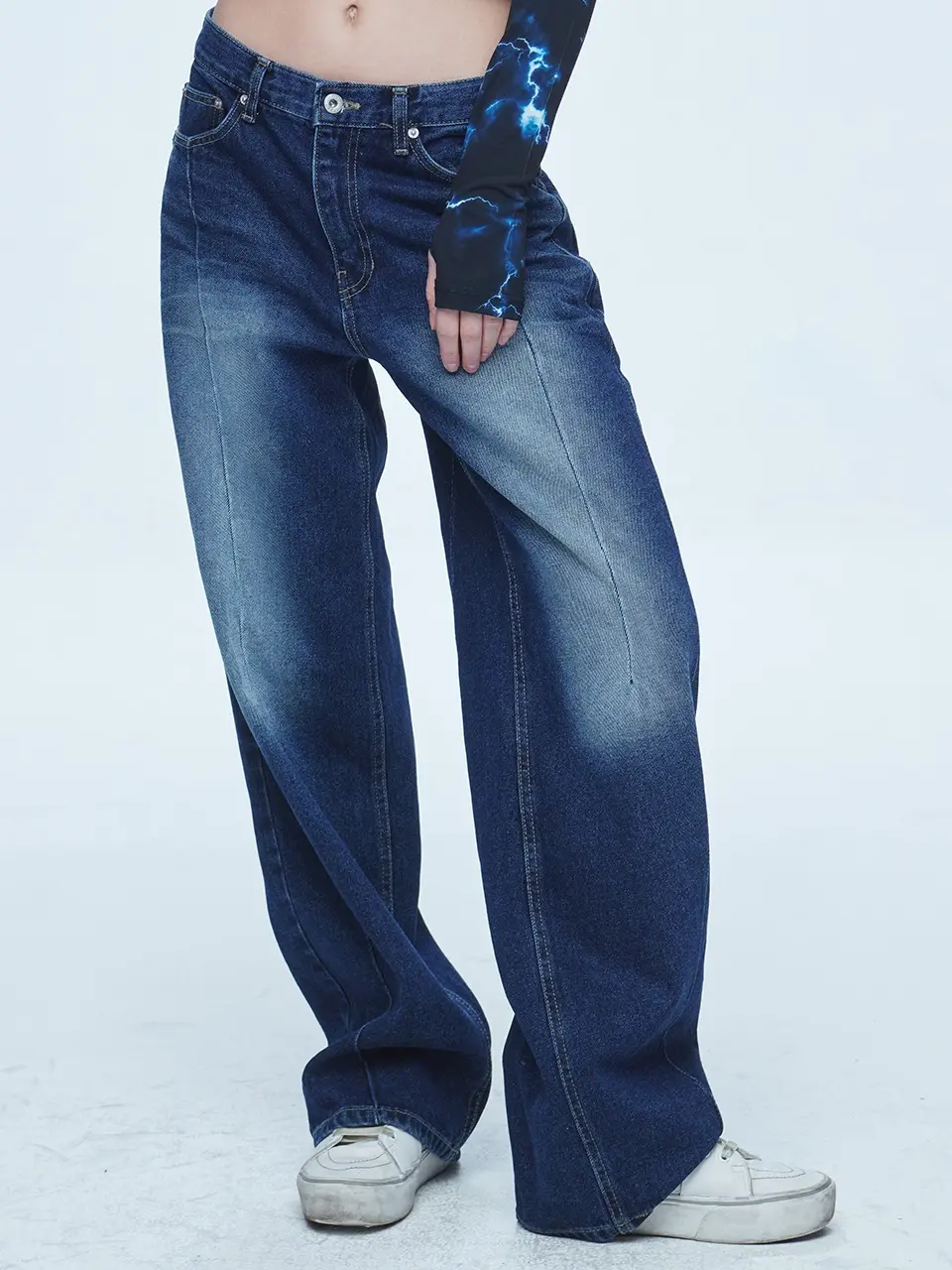 Vintage Washing Wide Denim Pants Blue
