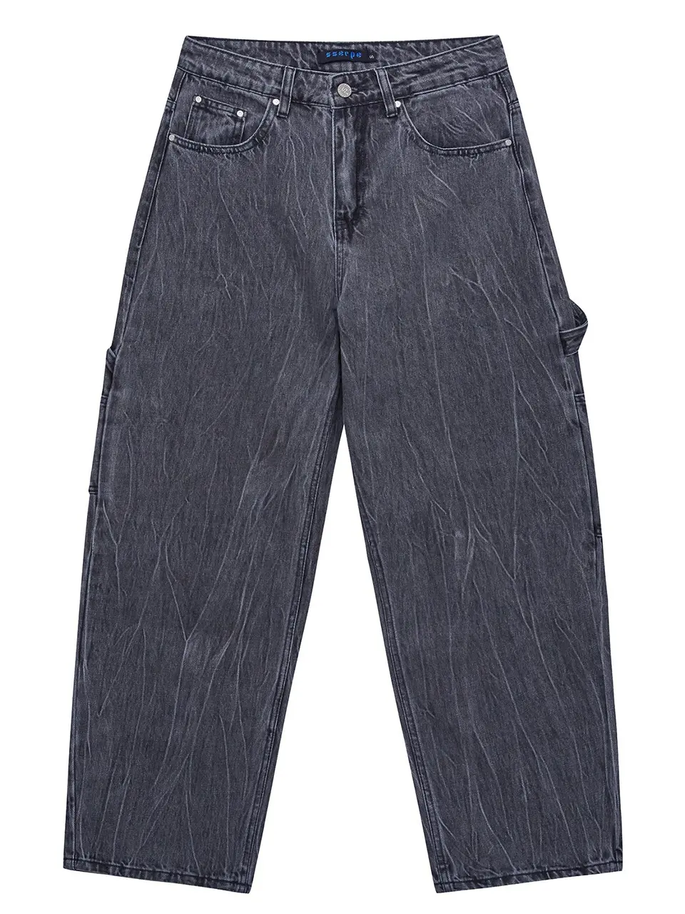 Curved Carpenter Crack Denim Pants Grey