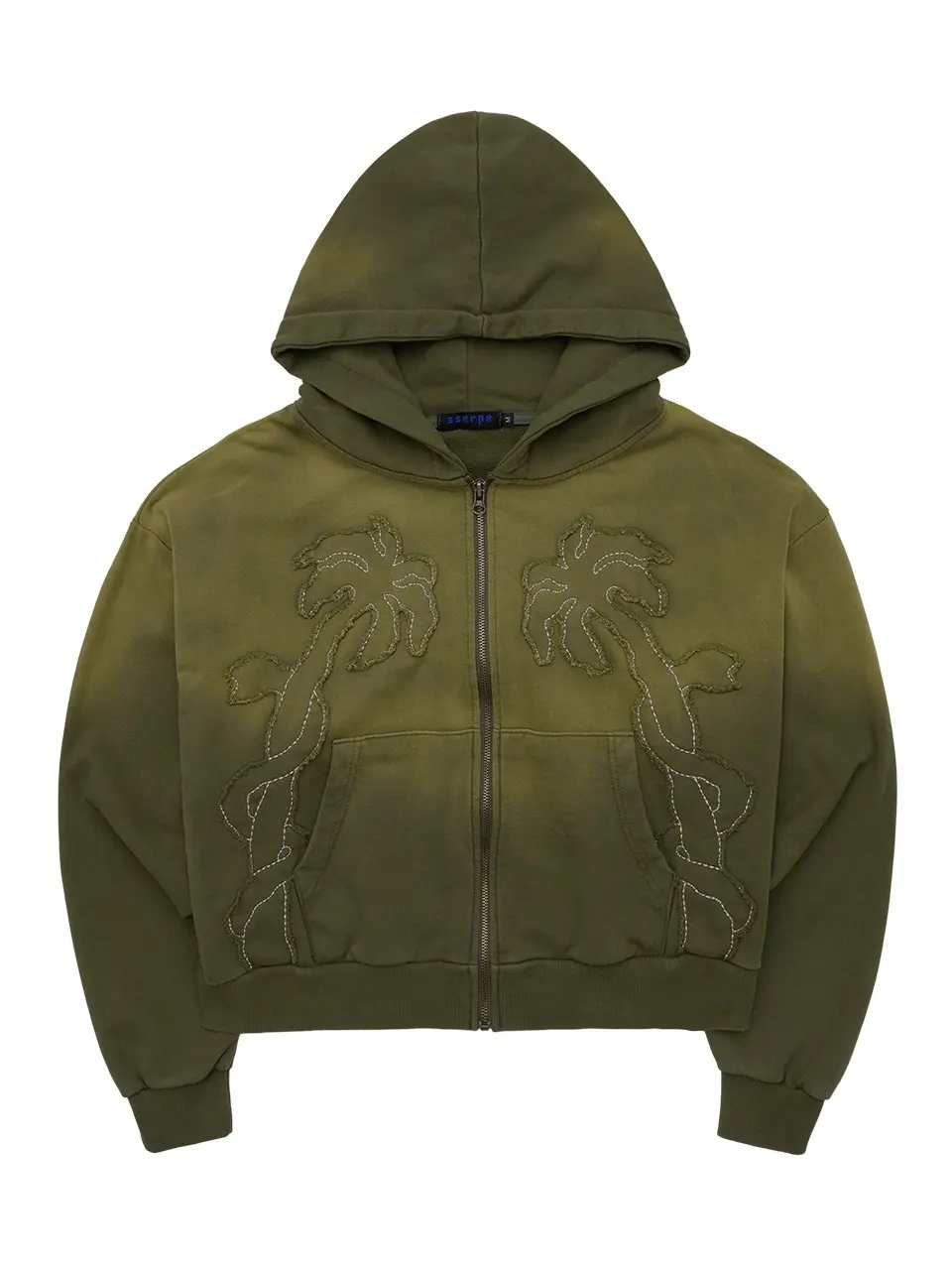 Applique Bleach Washing Crop Hoodie Zip Up Khaki