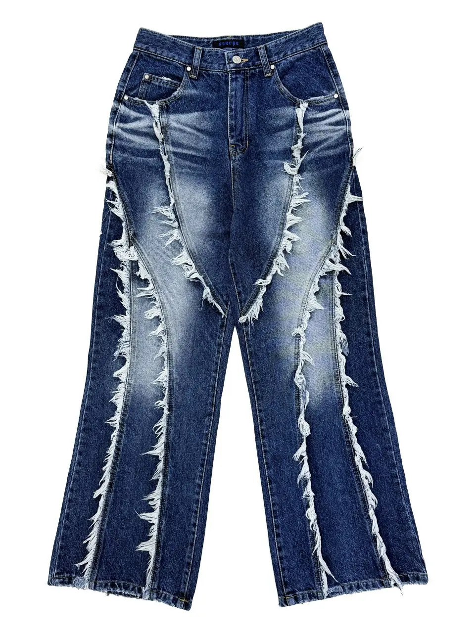 Tassel Boots Cut Denim Pants Blue