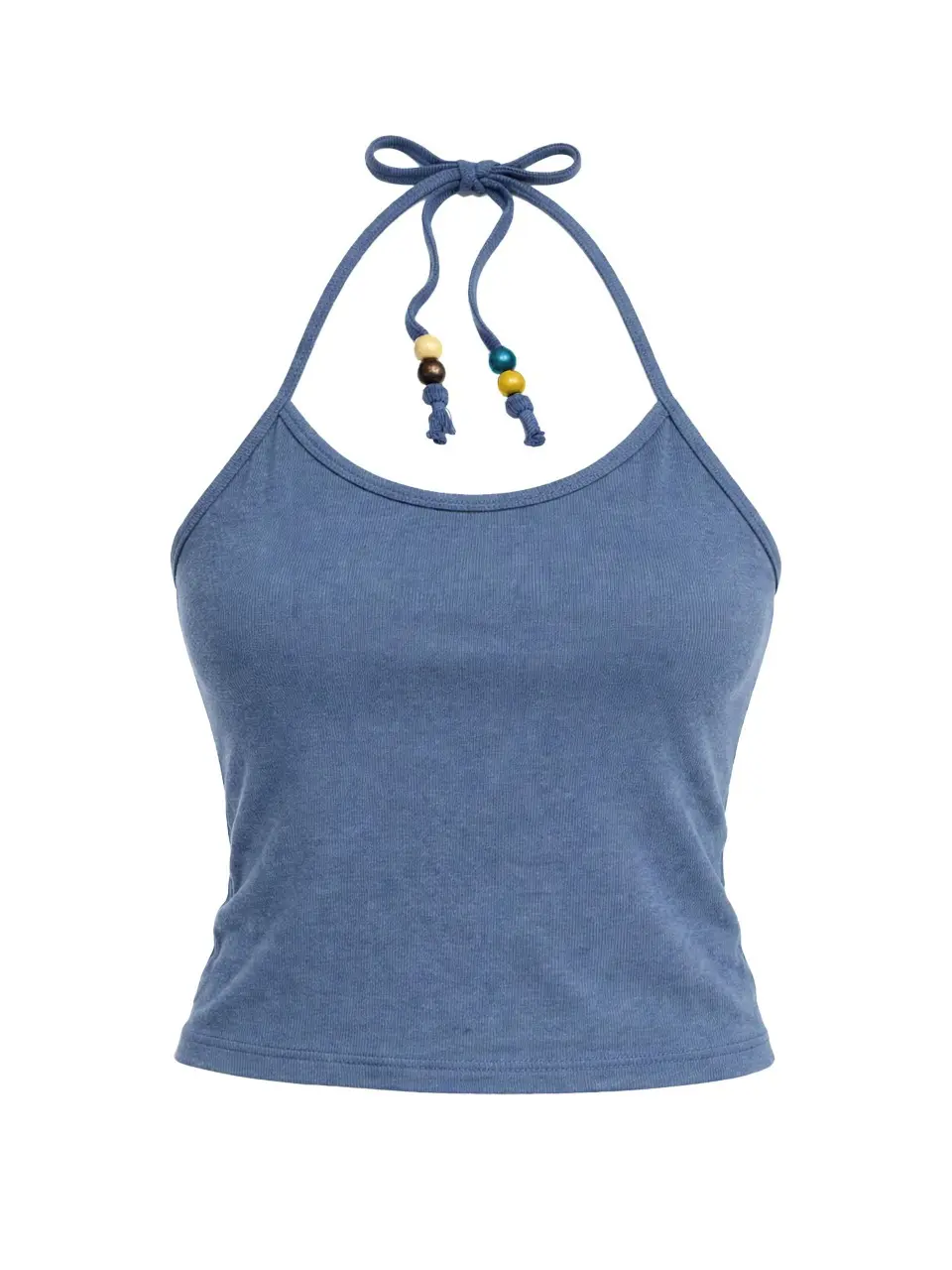 Beads Pigment Halter Neck Sleeveless Blue