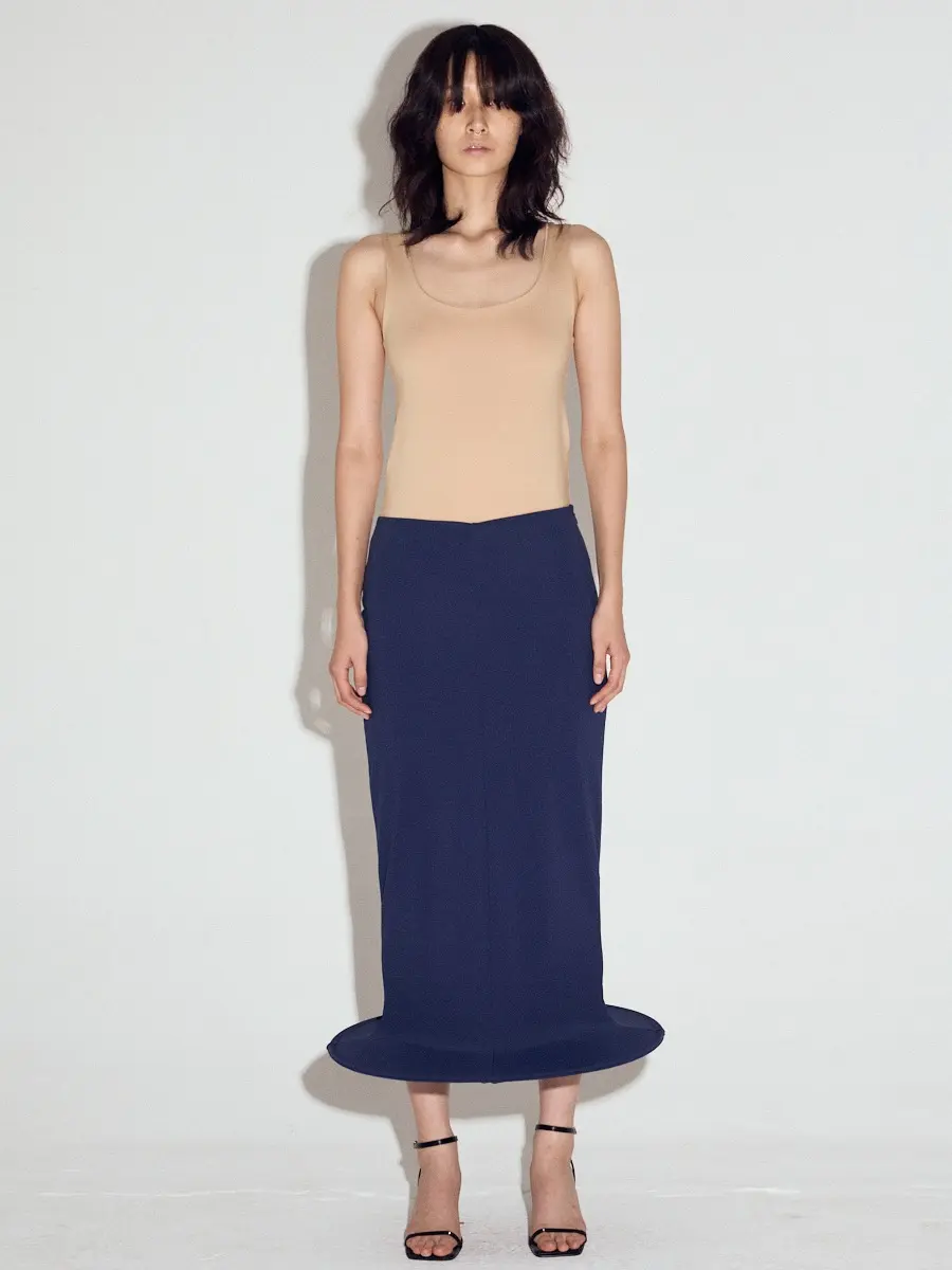 Wired Hem Classic Midi Skirt in Navy