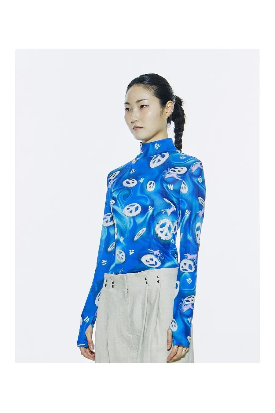 Print Mesh Mock Neck Top Blue