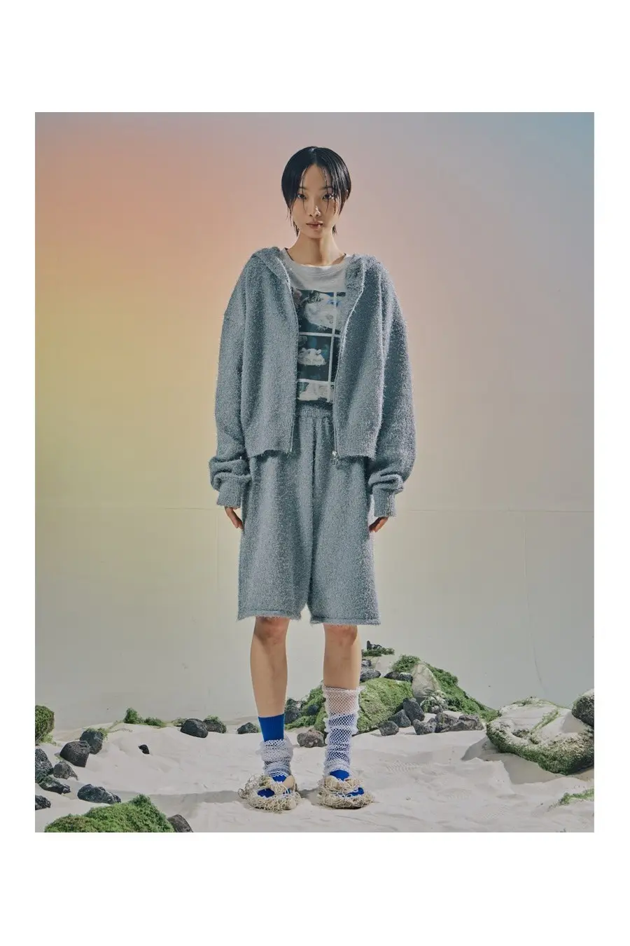 Hairy Knit Bermuda Pants (Grey)