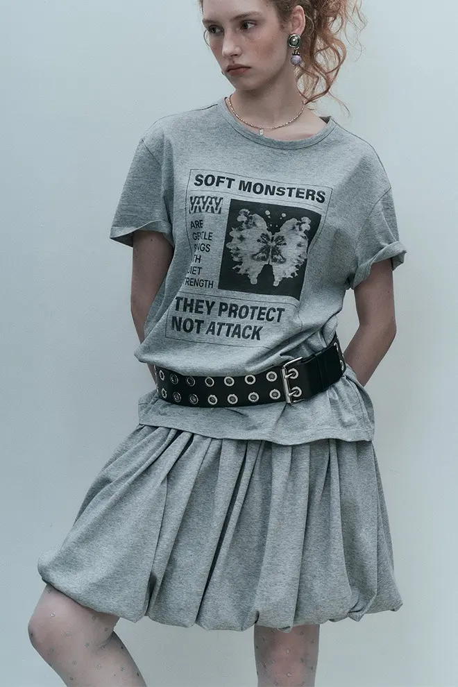 Rib Waist Balloon Skirt Grey
