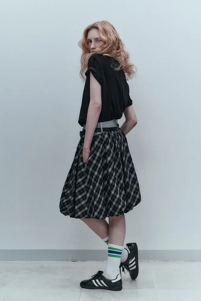 Rib Waist Balloon Skirt Check