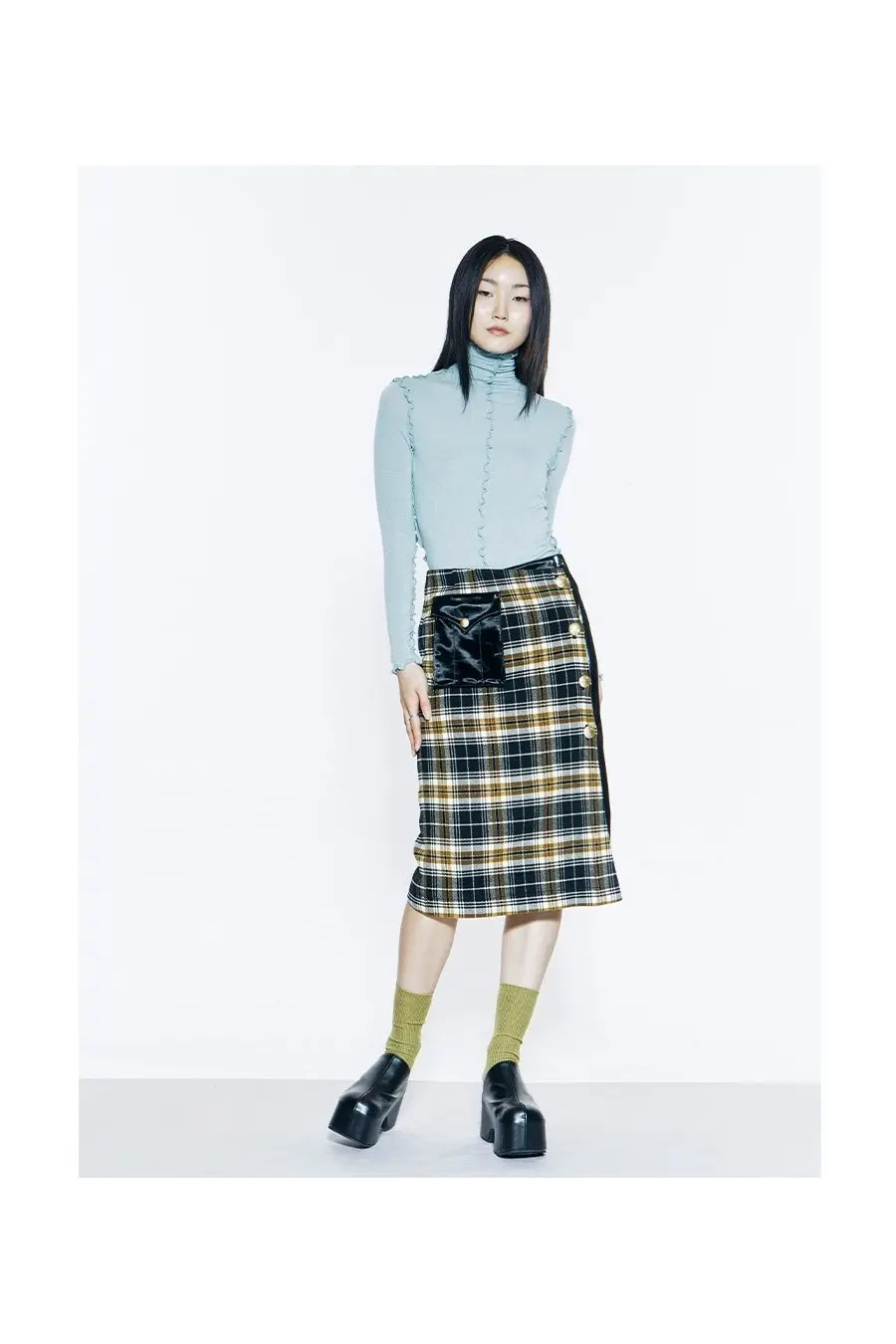 Gold Button Check Midi Skirt Beige