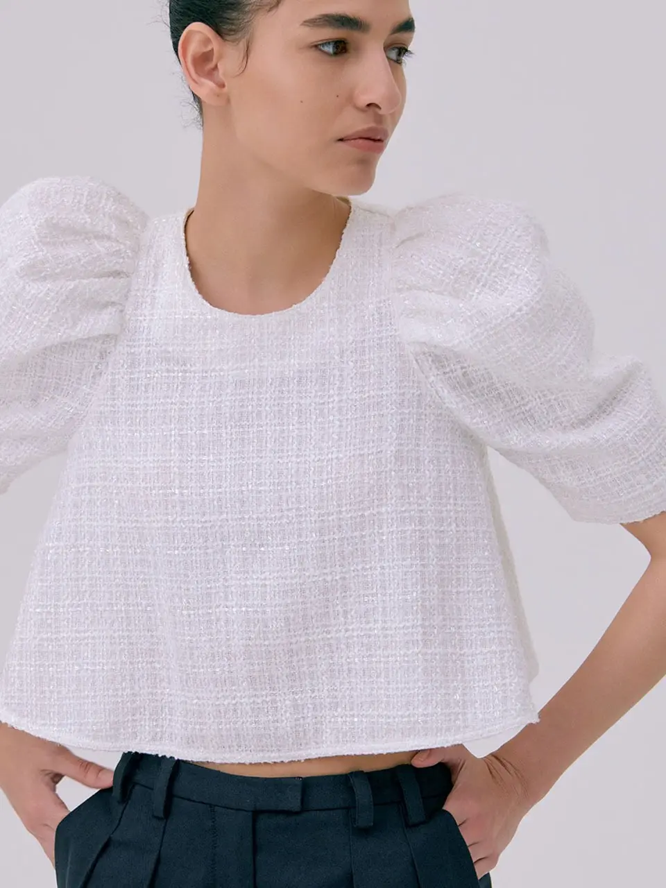 26 Tweed Puff Top — White