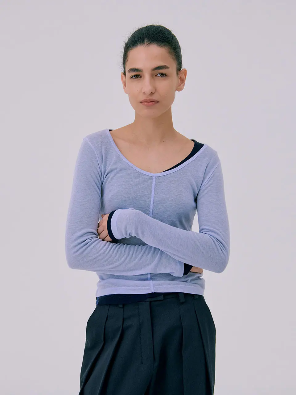 26 U neck Sheer T-shirts — Light Blue