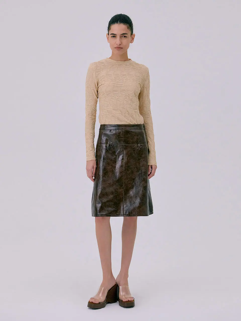 Midi Leather Skirt — Brown
