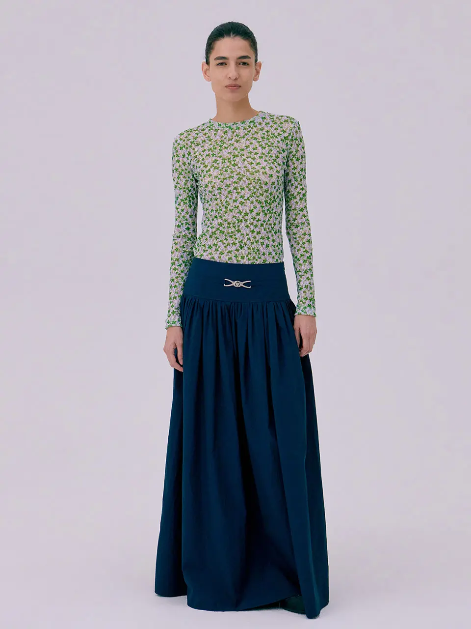 Shirring Maxi Skirt — Navy