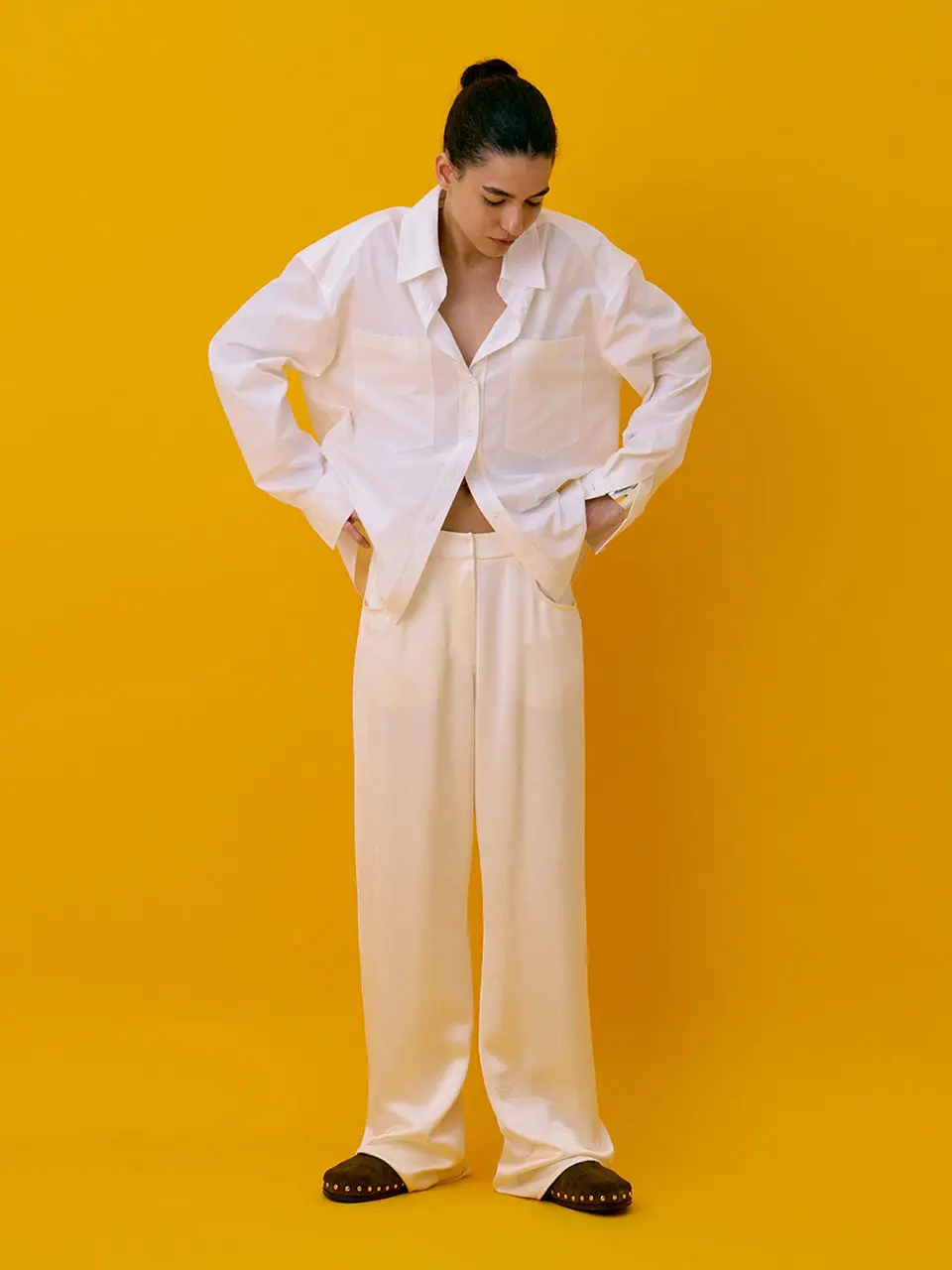 Back Yoke Straight Pants — Cream