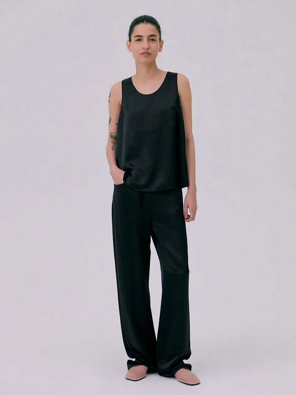 Back Yoke Straight Pants — Black