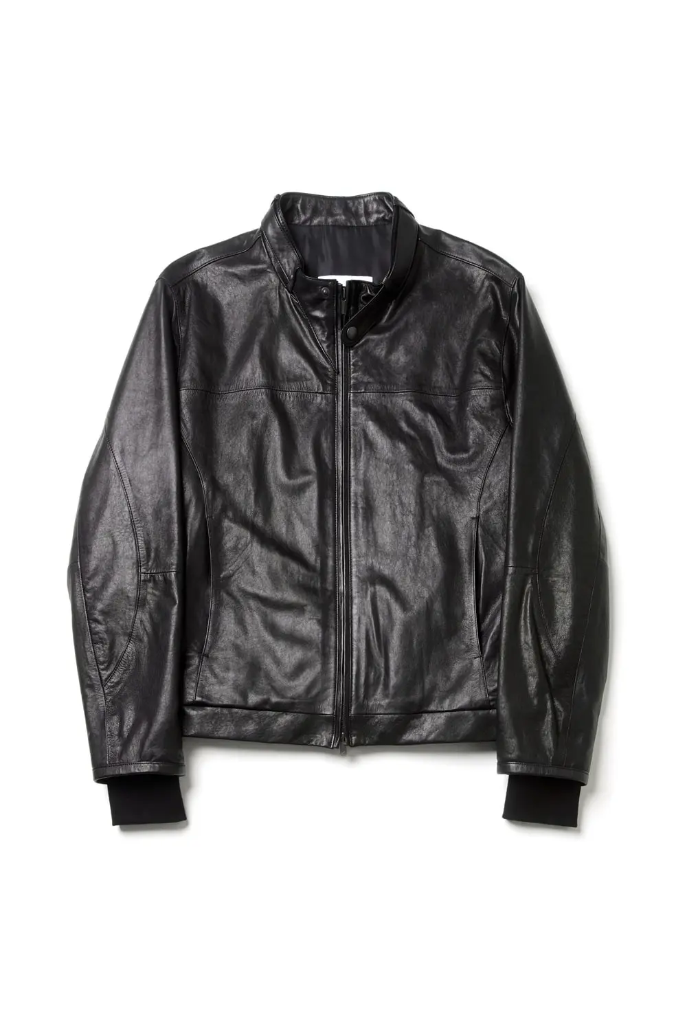 Stand Collar Leather Jacket Lamb Skin Black