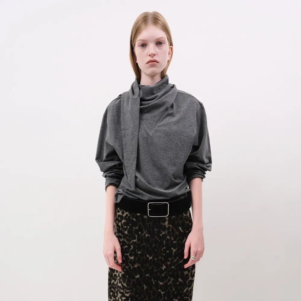 Scarf Neck Long Sleeve Top (Melange Gray)
