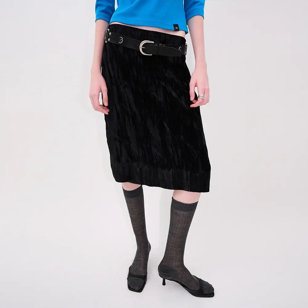 Crinkle Velvet Midi Skirt (Black)